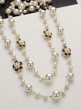 Camellia Gold-Tone Pearl Necklace with Black Floral Accents